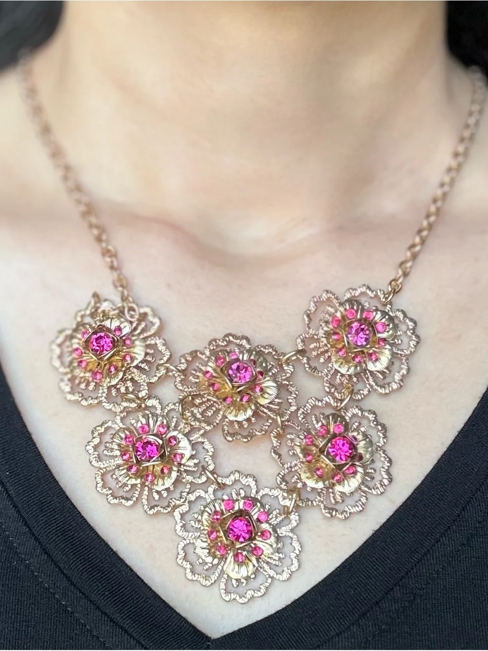 Vintage Gold Filigree Magenta Crystal Floral Statement Necklace Boho Glam